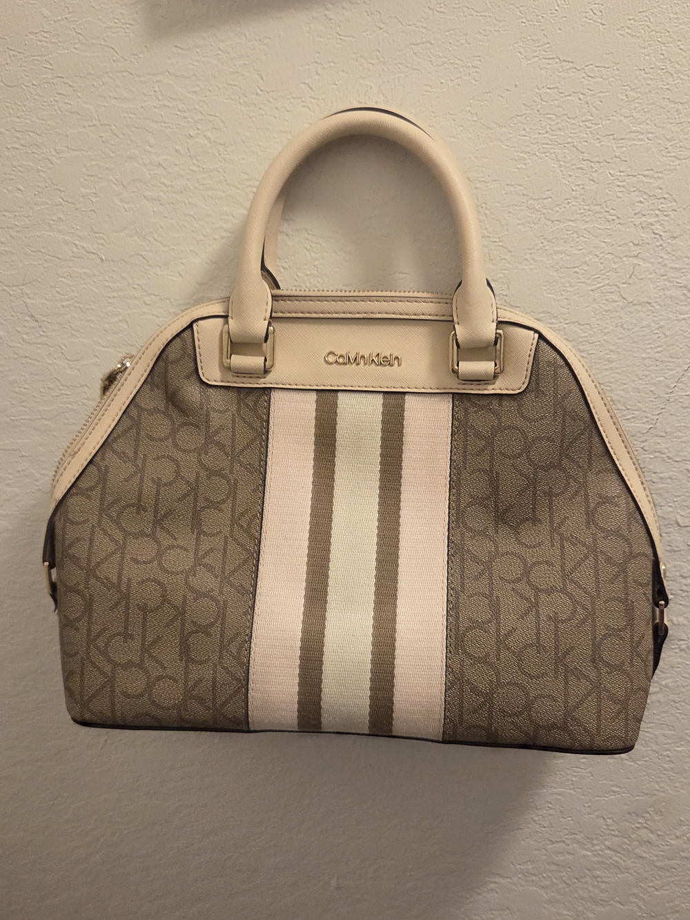 Calvin Klein Tan & Cream Monogram Stripe Satchel